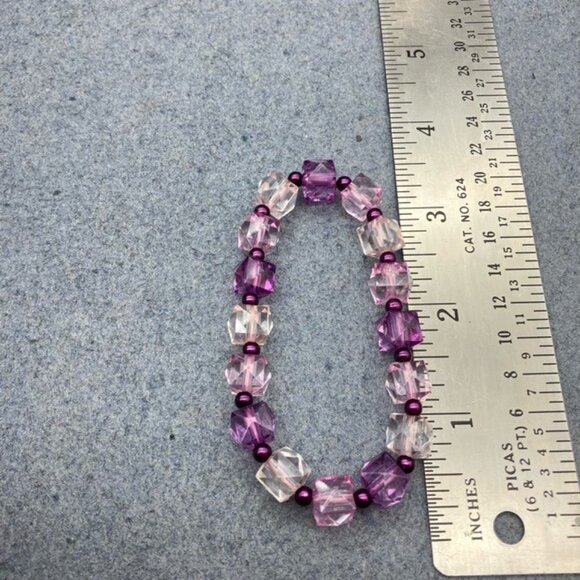 Cube Beaded Stretch Bracelet Faceted Pink Purple Translucent Geometric Retro Mod - Picture 5 of 5
